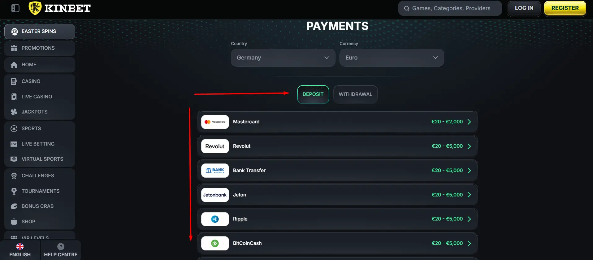 Kinbet payment methods